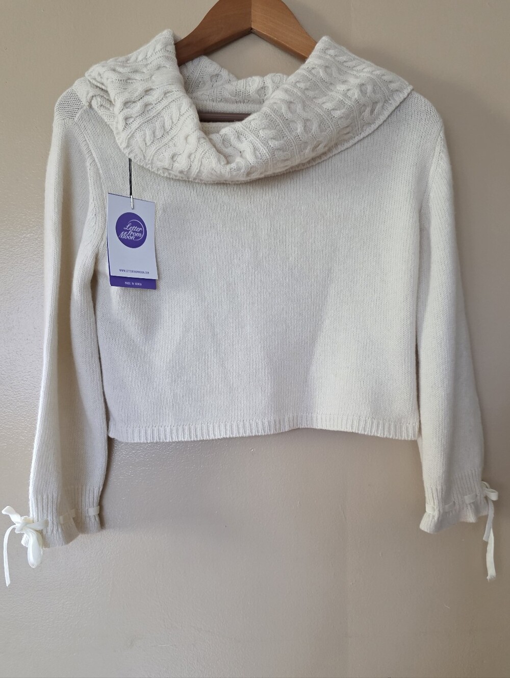 Letter From Moon Free Size Ivory Wool Blend Cable Knit Cowl Neck Cropped Korea